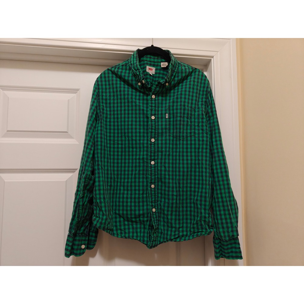 Levis Mens Green Black Gingham Check Button Down Shirt Long Sleeve L 19586-0123